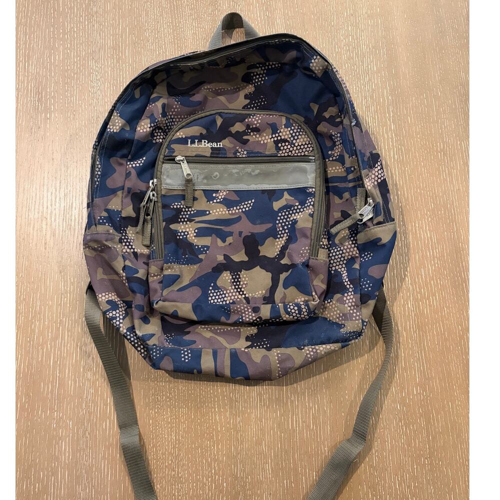 LL Bean Backpack Book Bag Camouflage Reflective Blue And Brown School Bag